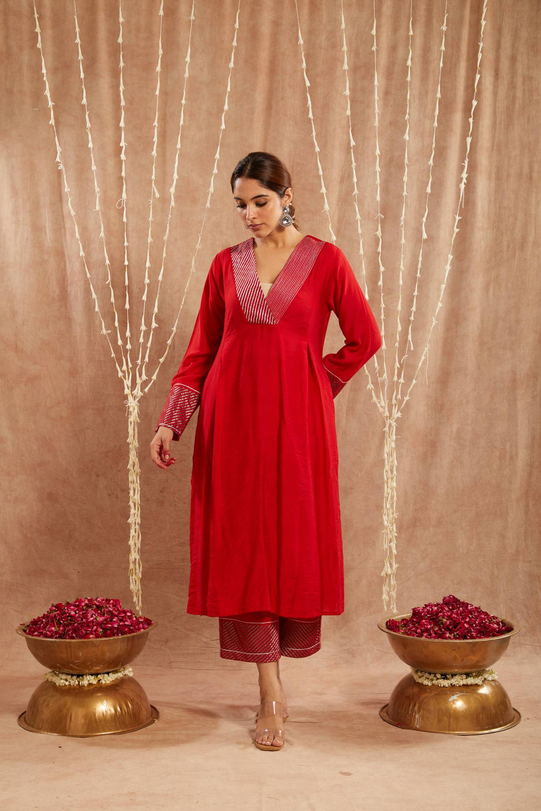 Red Zari Chanderi Kurta with Narrow Pants