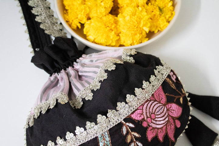 Black Orchid Embroidered Potli