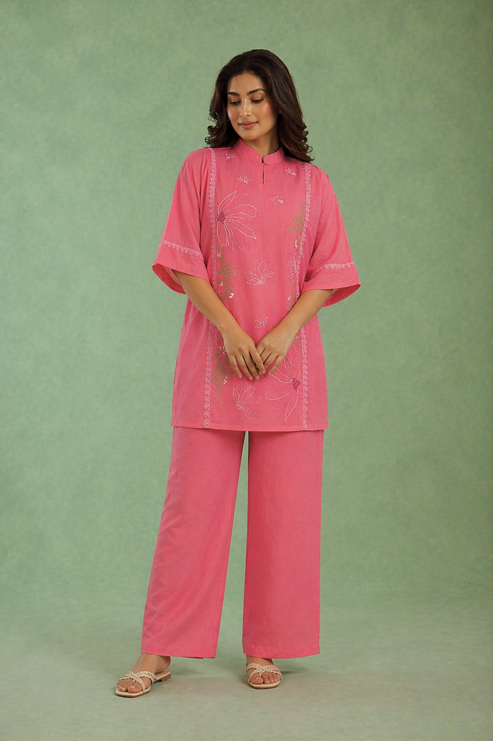 Pink Charm Embroidered Mul Chanderi Co-ord Set