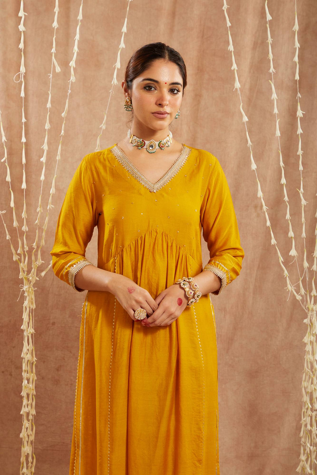 Golden Charm Chanderi Kurta with Narrow Pants and Dupatta - Set of 3