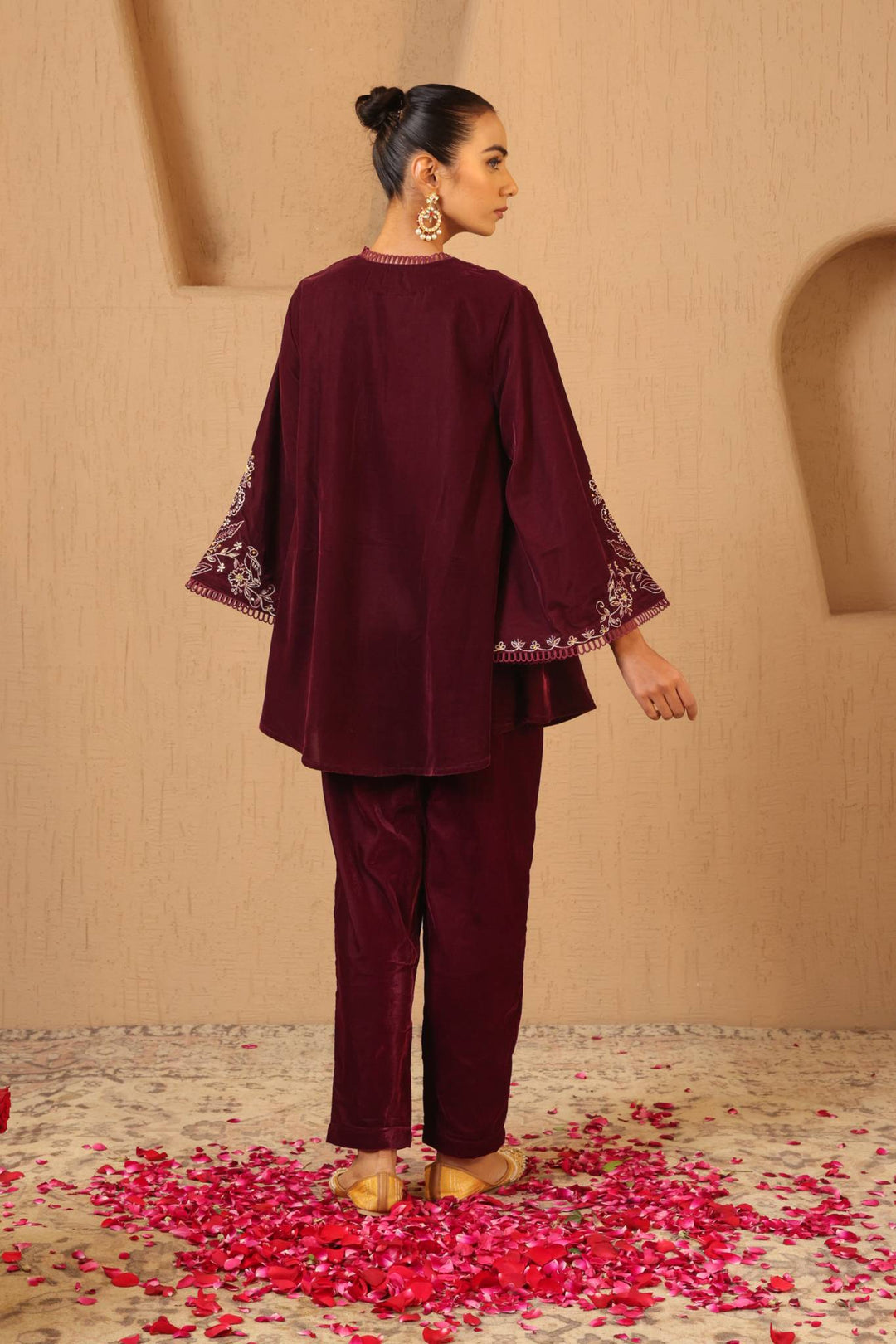 Wine Zari Charm Velvet Tunic with Narrow Pants - Set of 2