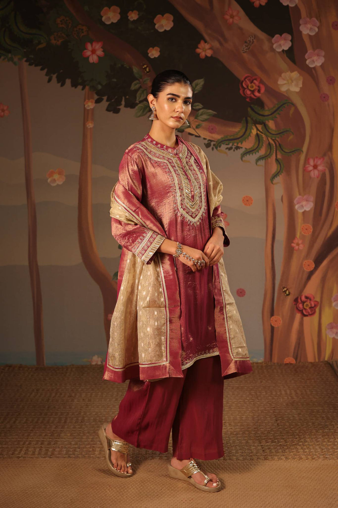 Purple Zari Tissue Kurta with Flared Pants and Dupatta - Set of 3