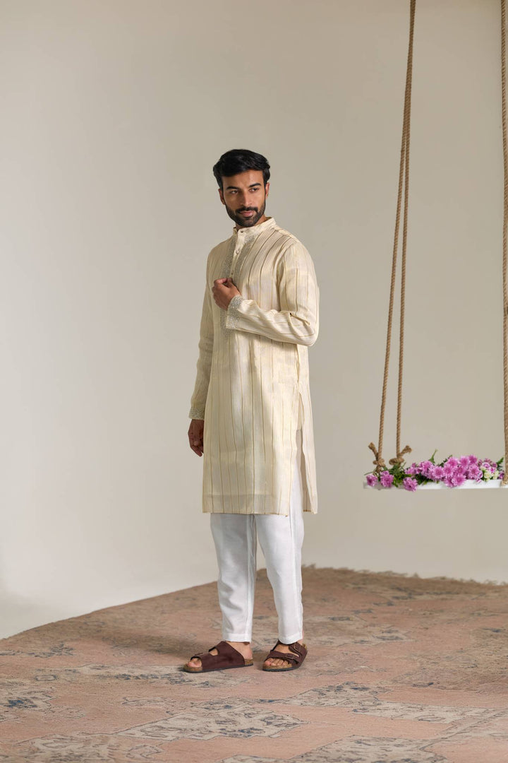 Golden Floral Stripe Embroidered Kurta with Narrow Pants