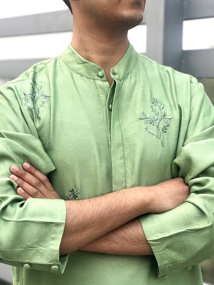 Sage Green Embroidered Silk Kurta with Narrow Pants - Set of 2