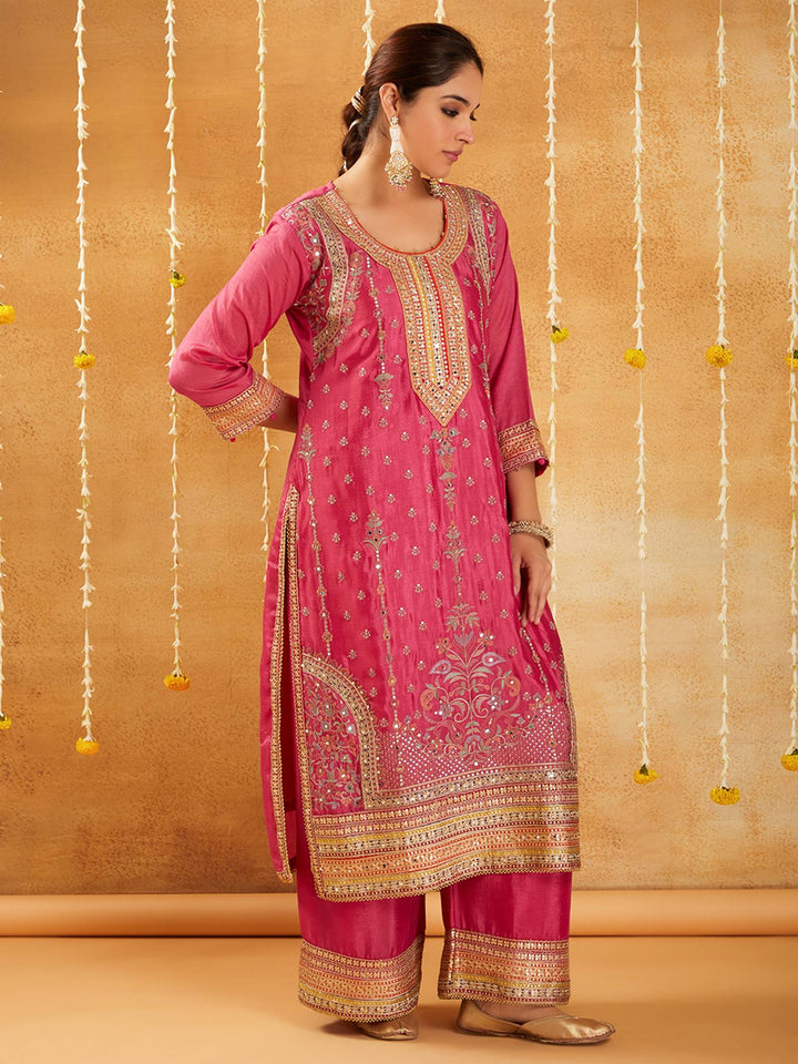 Rani Pink Embroidered Kurta Set with Dupatta - Set of 3