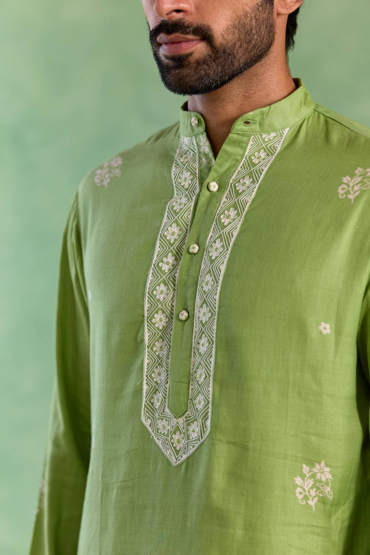 Sage Floral Buta Embroidered Kurta