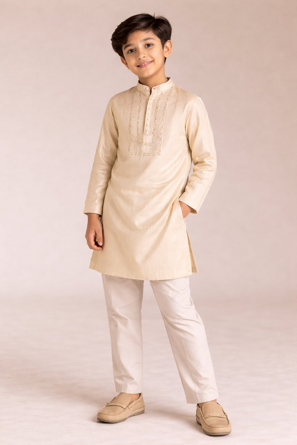 Boys Gold Zari Yoke Stripe Embroidered Kurta Set