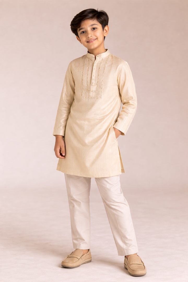 Boys Gold Zari Yoke Stripe Embroidered Kurta Set