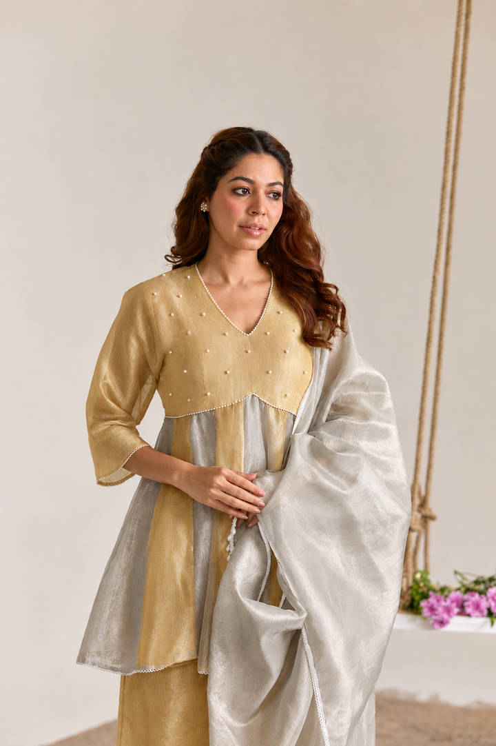 Rose Mint Dori Kota Tissue Anarkali Set - Set of 2