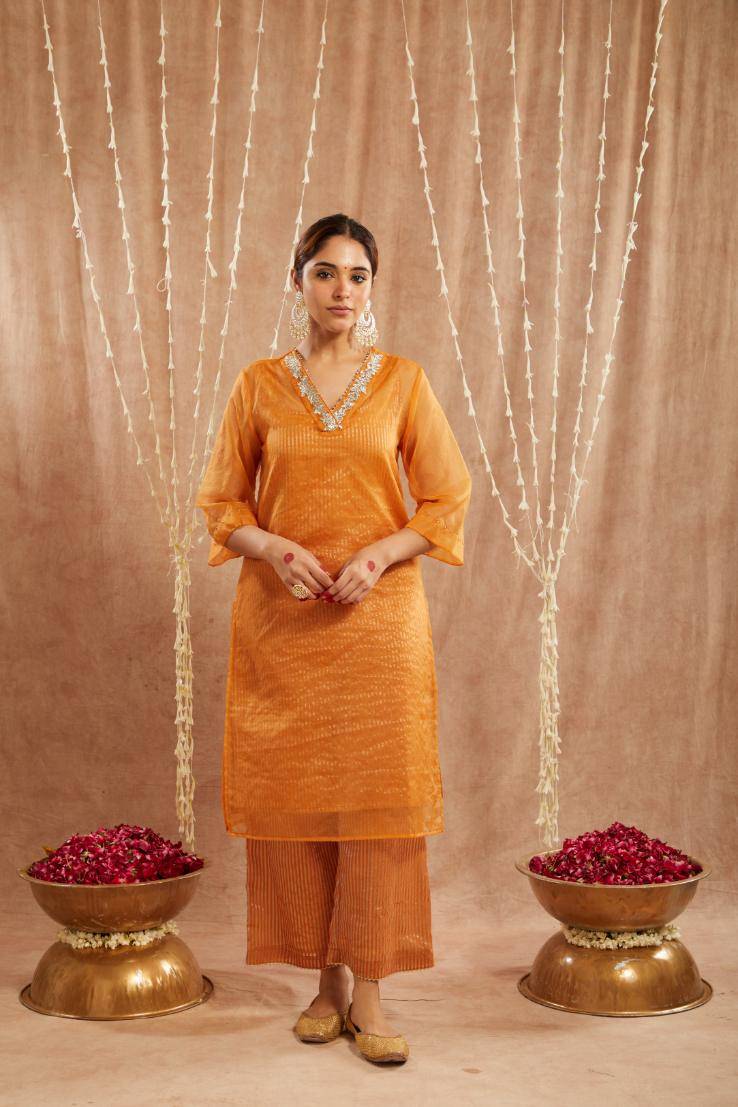 Orange Lily Floral Embroidred Kurta with Flared Pants and Slip - Set of 3