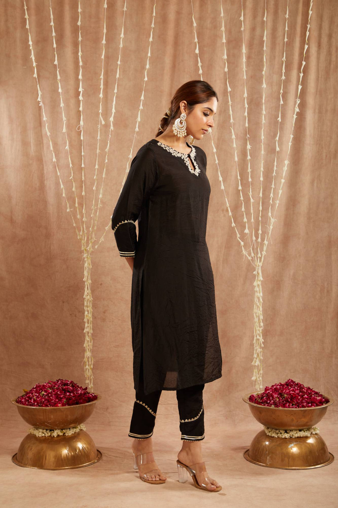 Black Dori Chanderi Kurta with Narrow Pants