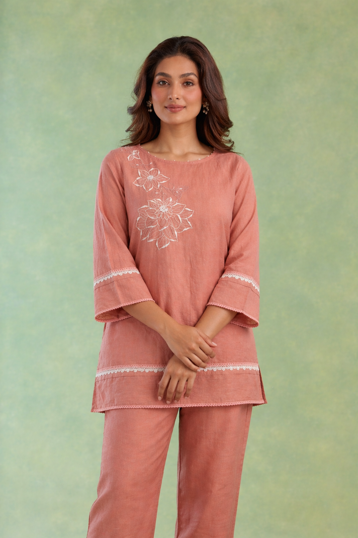 Dusty Pink Embroidered Mul Chanderi Co-ord Set
