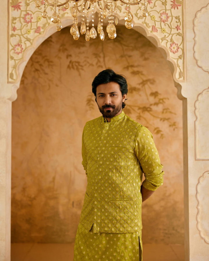 Olive Brocade Nehru Jacket with Kurta Set - Set of 3