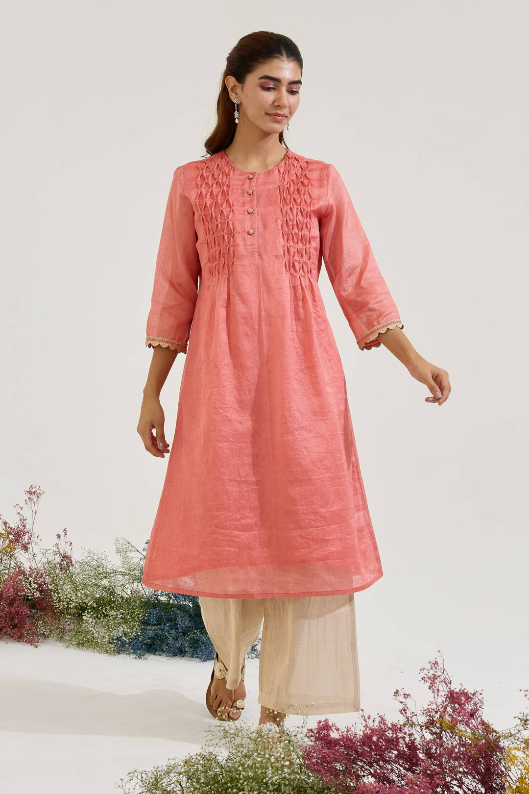 Red Gold Chanderi Stripe Kurta with Wide Leg Pants - Set of 2