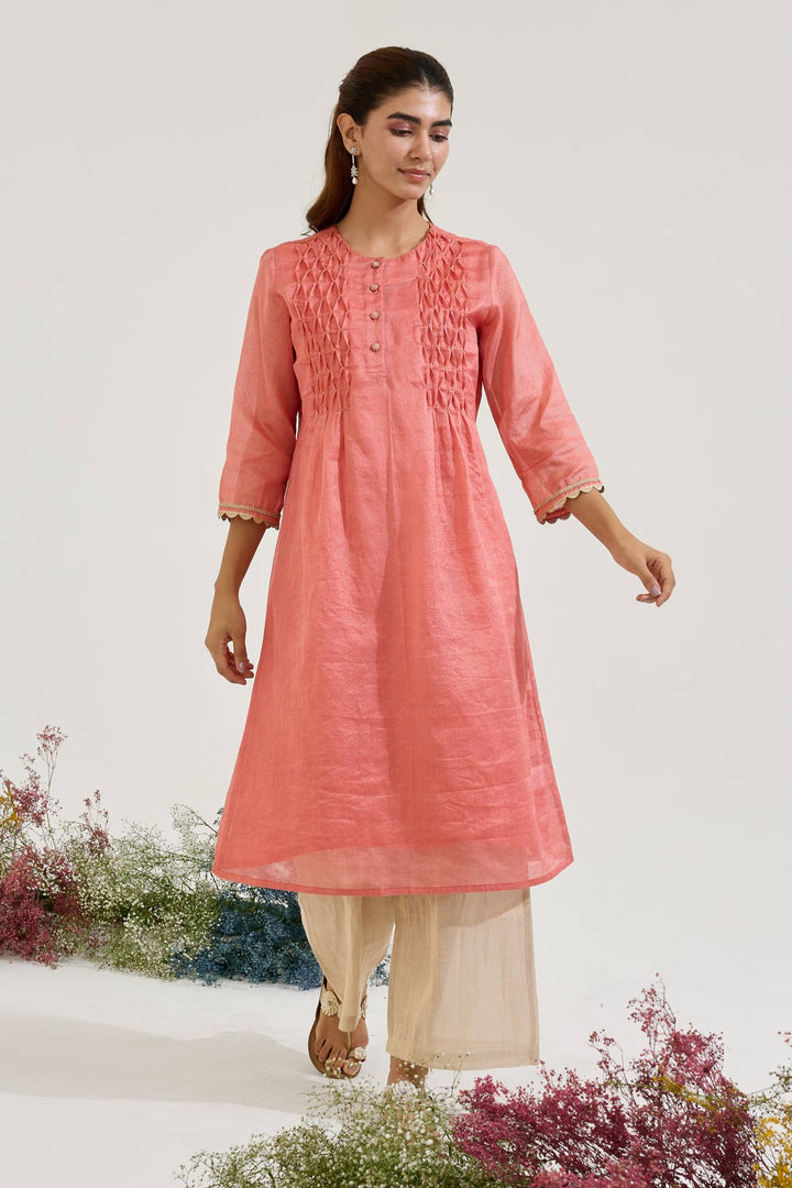Red Gold Chanderi Stripe Kurta with Wide Leg Pants - Set of 2
