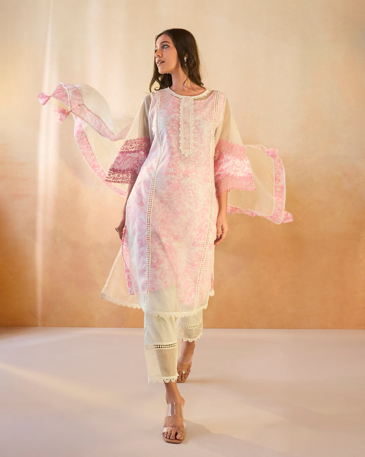 Blush Floral Embroidered Kurta with Narrow Pants - Set of 2