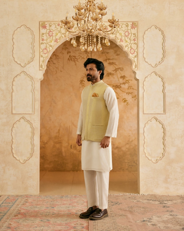 Gold Tissue Nehru Jacket with Kurta Set - Set of 3