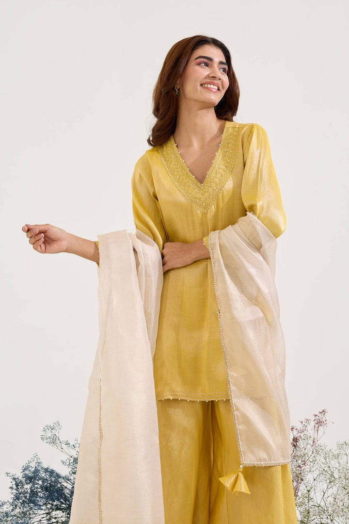 Old Yellow Charm Tissue Kurta with Sharara and Dupatta - Set of 3