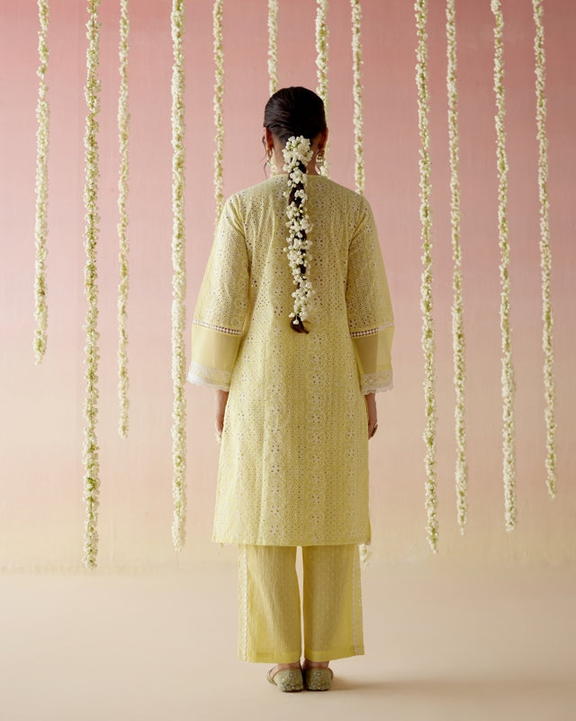 Yellow Pearl Long Kurta with Narrow Pants- Set of 2