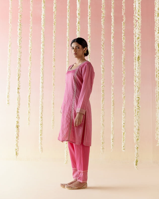 Fuchsia Rose Tissue Kurta with Narrow Pants - Set of 2