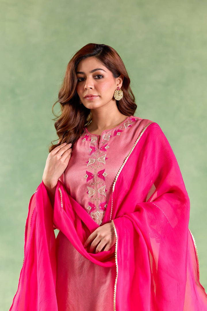 Fuchsia Pink Applique Kurta with Narrow Pants and Dupatta - Set of 3