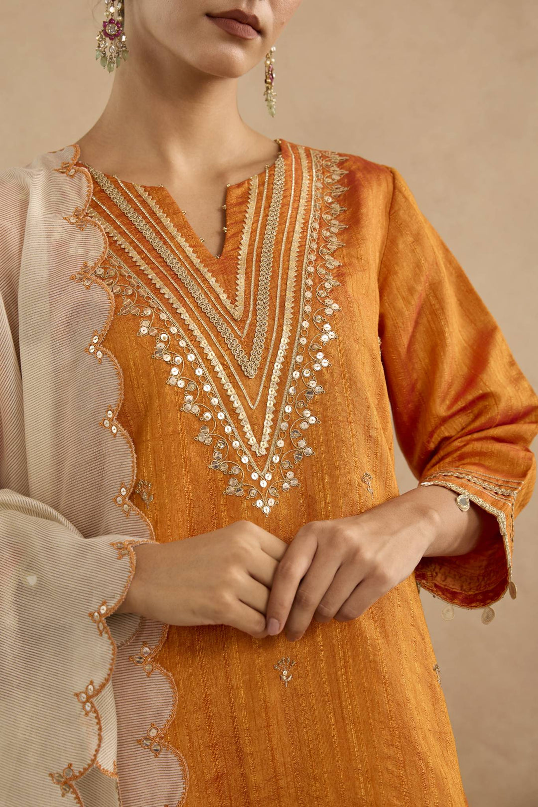 Amber Dahlia Embroidered Kurta with Flared Pants and Scallop Dupatta - Set of 3