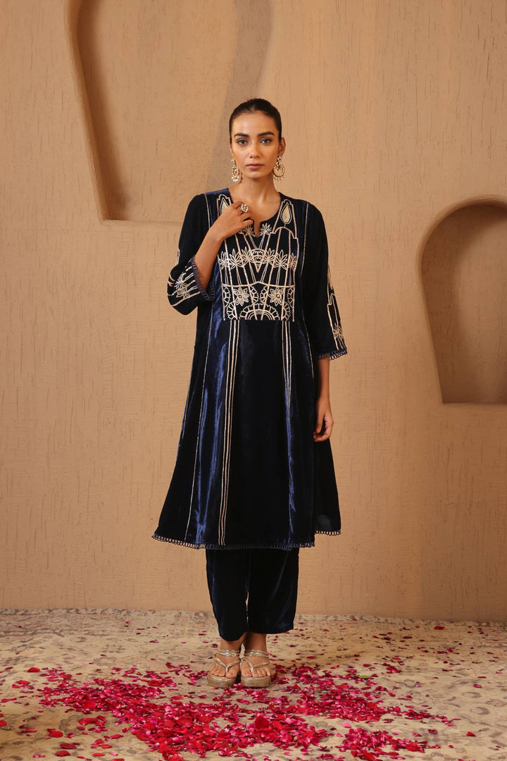 Navy Gota Velvet Anarkali with Narrow Pants- Set of 2
