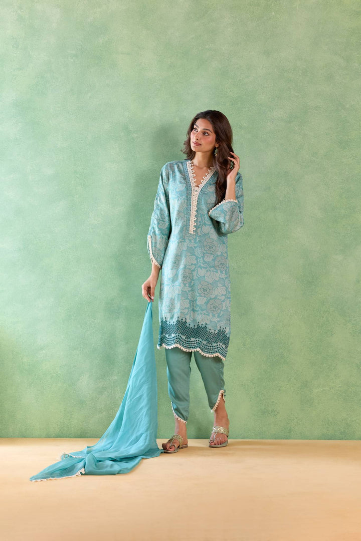 Sea Lily Kurta with Tulip Pants and Dupatta - Set of 3
