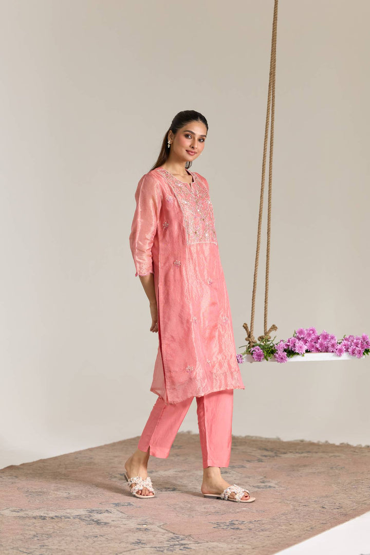 Blossom Pink Dori Embroidered Kota Tissue Kurta Set with Dupatta - Set of 3