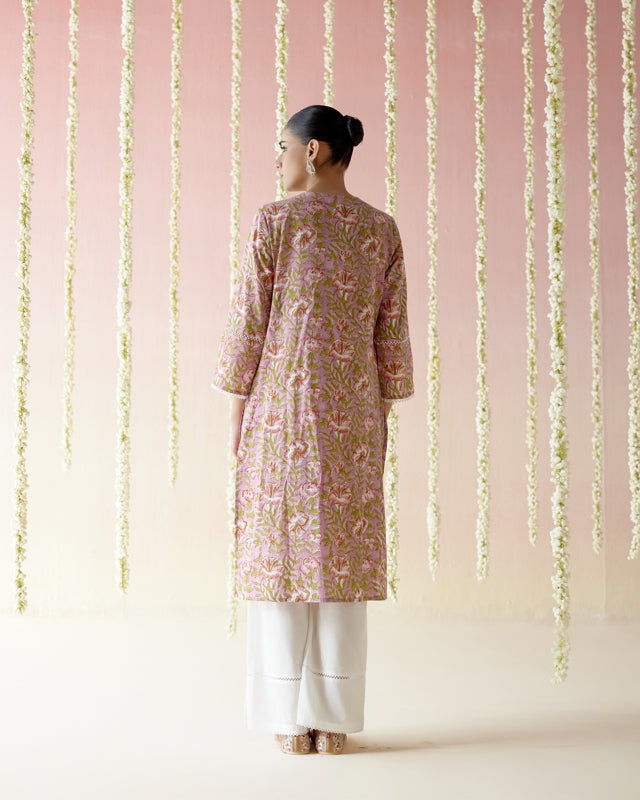 Mulberry Pink Floral Chintz Kurta with Wide Leg Pants - Set of 2