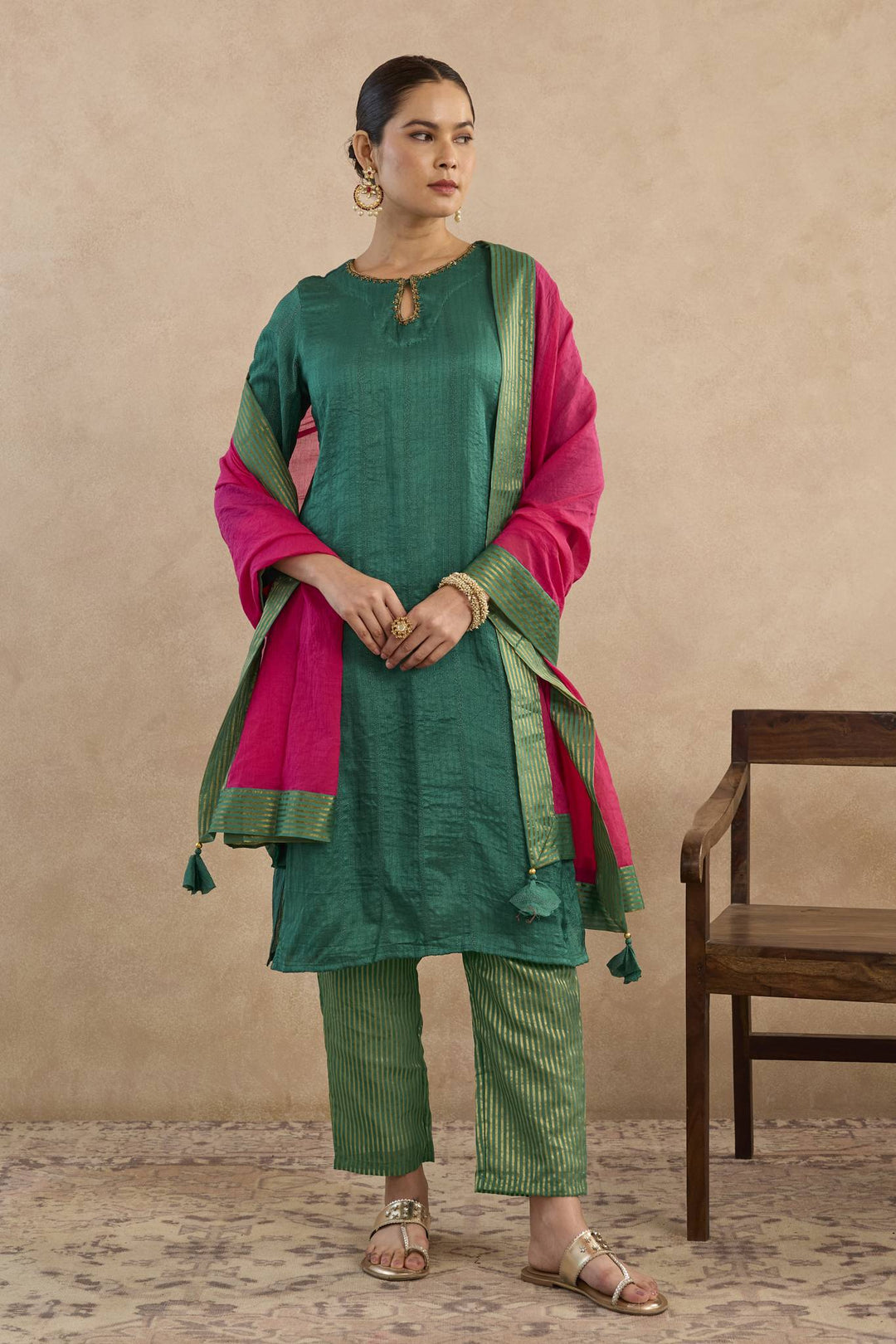Emerald Rose Charm Silk Chanderi Kurta with Narrow Pants - Set of 3