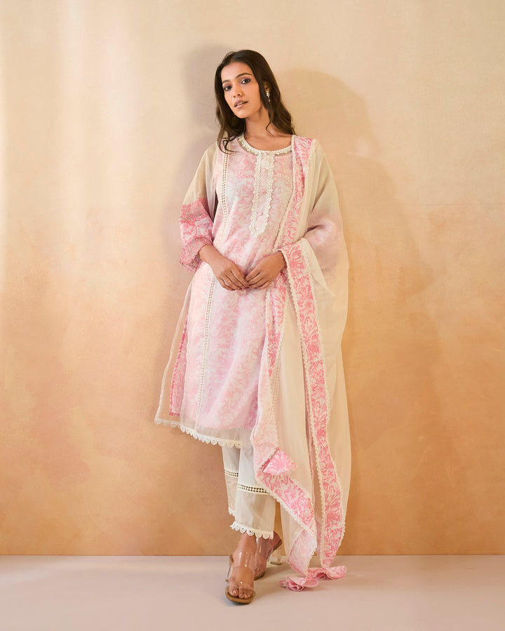 Blush Floral Embroidered Kurta with Narrow Pants - Set of 2