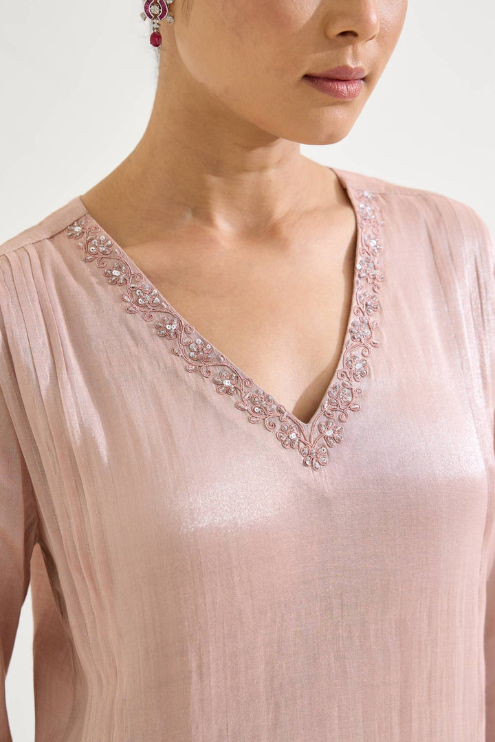 Rose Dori Tissue Kurta with Wide Leg Pants - Set of 2