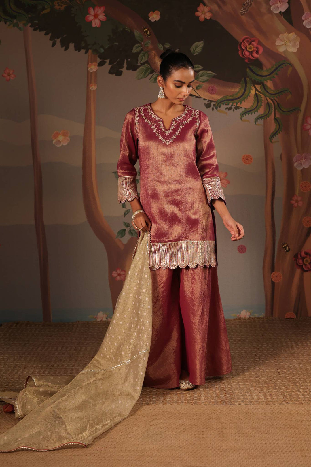 Purple Scallop Gota Tissue Kurta with Sharara and Dupatta - Set of 3