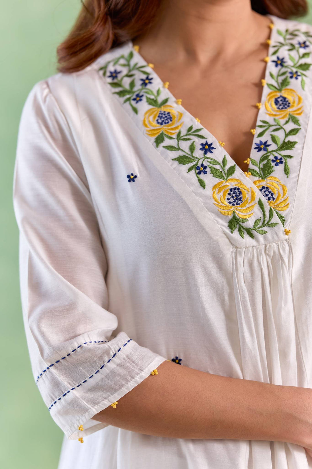 Blue Petal Embroidered Kurta with Wide-Leg Pants and Dupatta - Set of 3