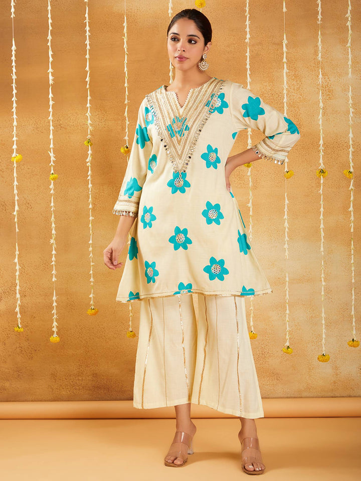 Aqua Blossom Floral Kurta with Sharara Pants - Set of 2