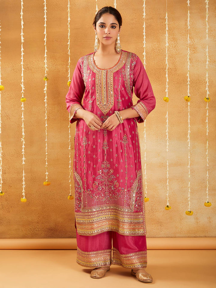 Rani Pink Embroidered Kurta Set with Dupatta - Set of 3