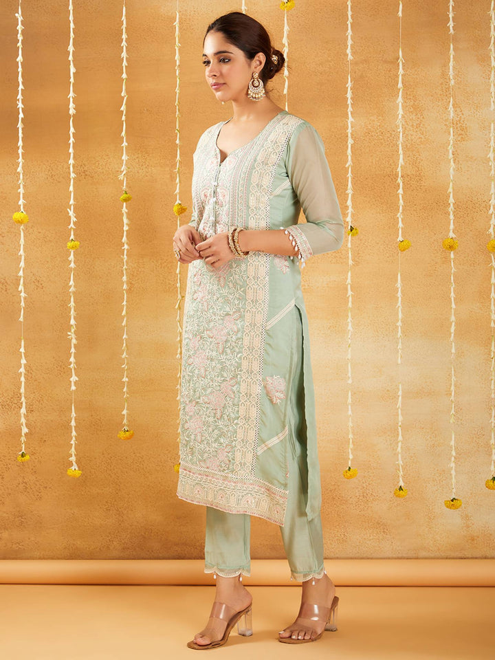 Mint Pearl Embroidered Kurta Set with Dupatta - Set of 3