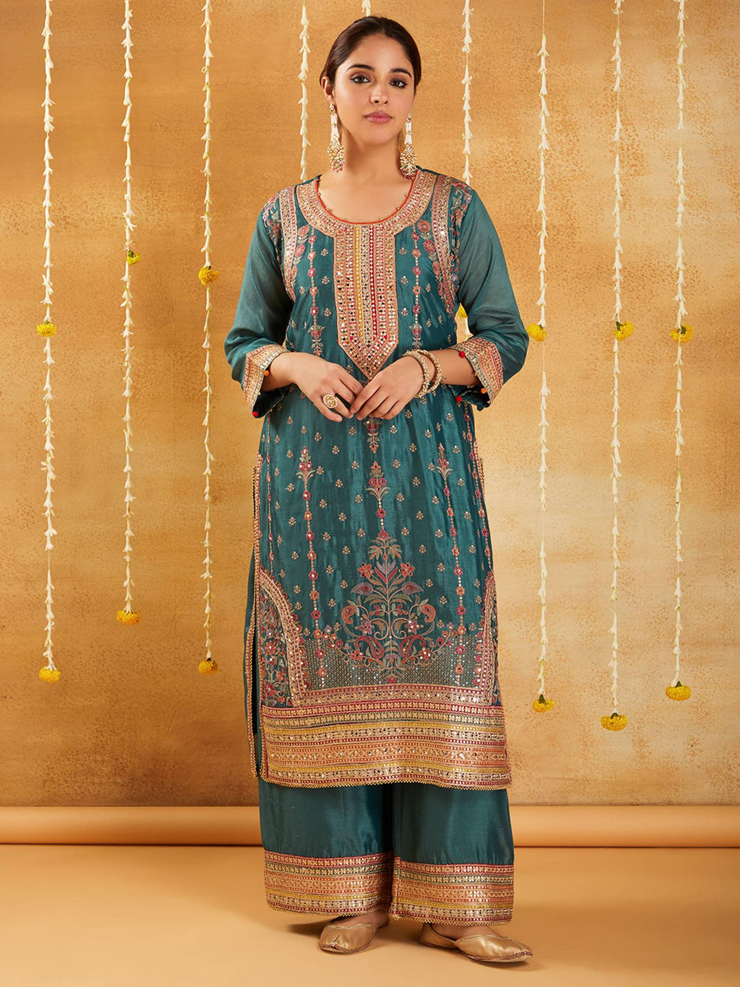 Emerald Green Embroidered Kurta Set with Dupatta - Set of 3