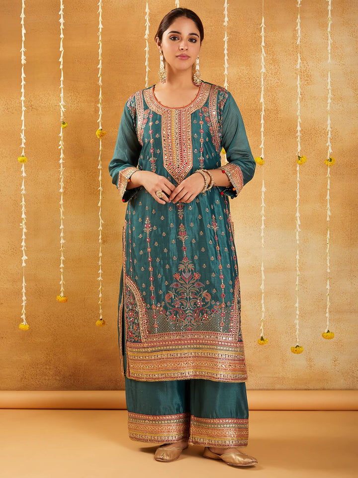 Emerald Green Embroidered Kurta Set with Dupatta - Set of 3