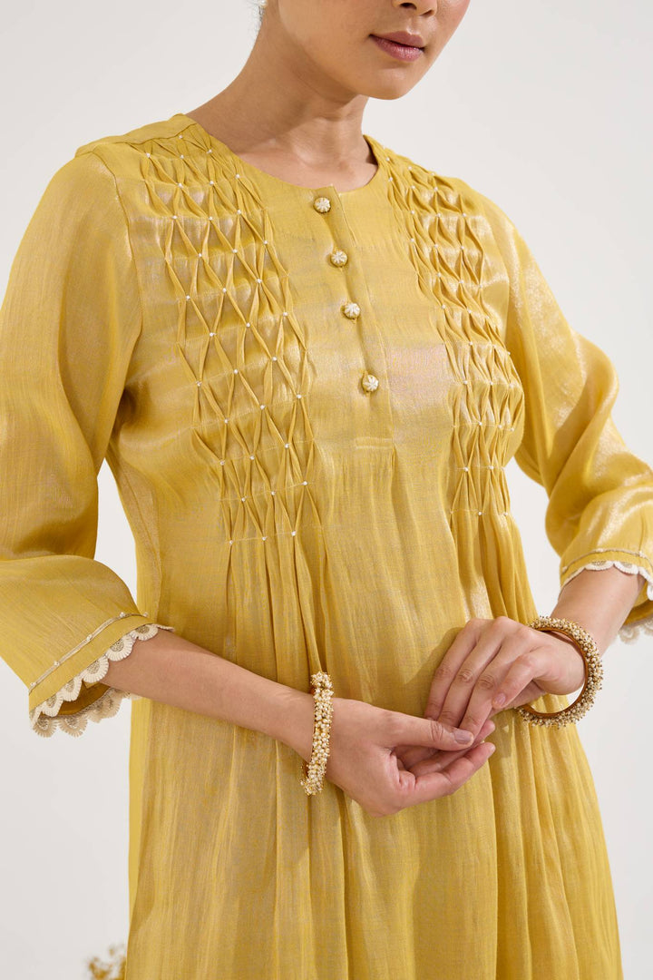 Golden Pearl Pintuck Tissue Kurta with Wide Leg Pants and Dupatta - Set of 3