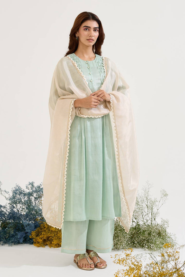 Mint Pearl Pintuck Tissue Kurta with Wide Leg Pants and Dupatta - Set of 3