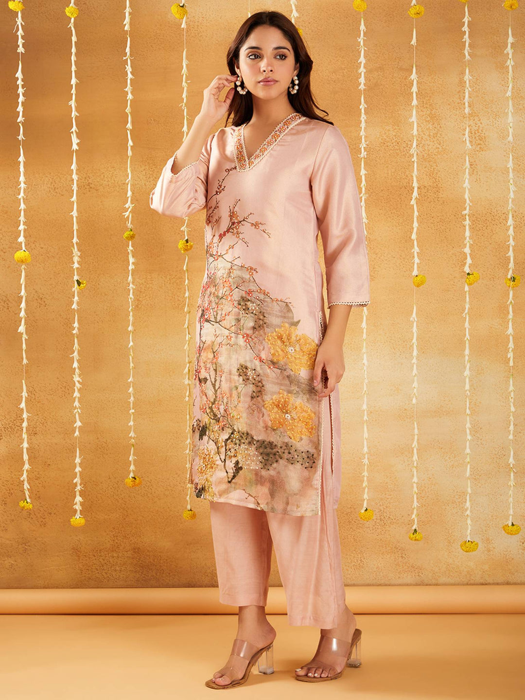 Peach Floral Embroidered Kurta Set with Dupatta - Set of 3