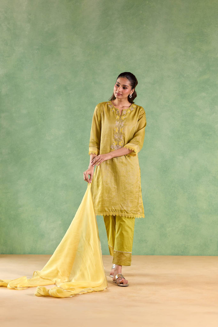 Moss Yellow Applique Kurta with Narrow Pants and Dupatta - Set of 3