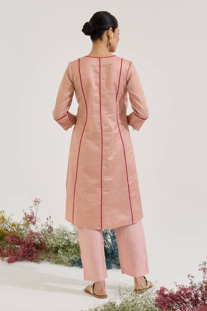 Pearl Pink Chanderi Stripe Angrakha with Narrow Pants and Dupatta - Set of 3