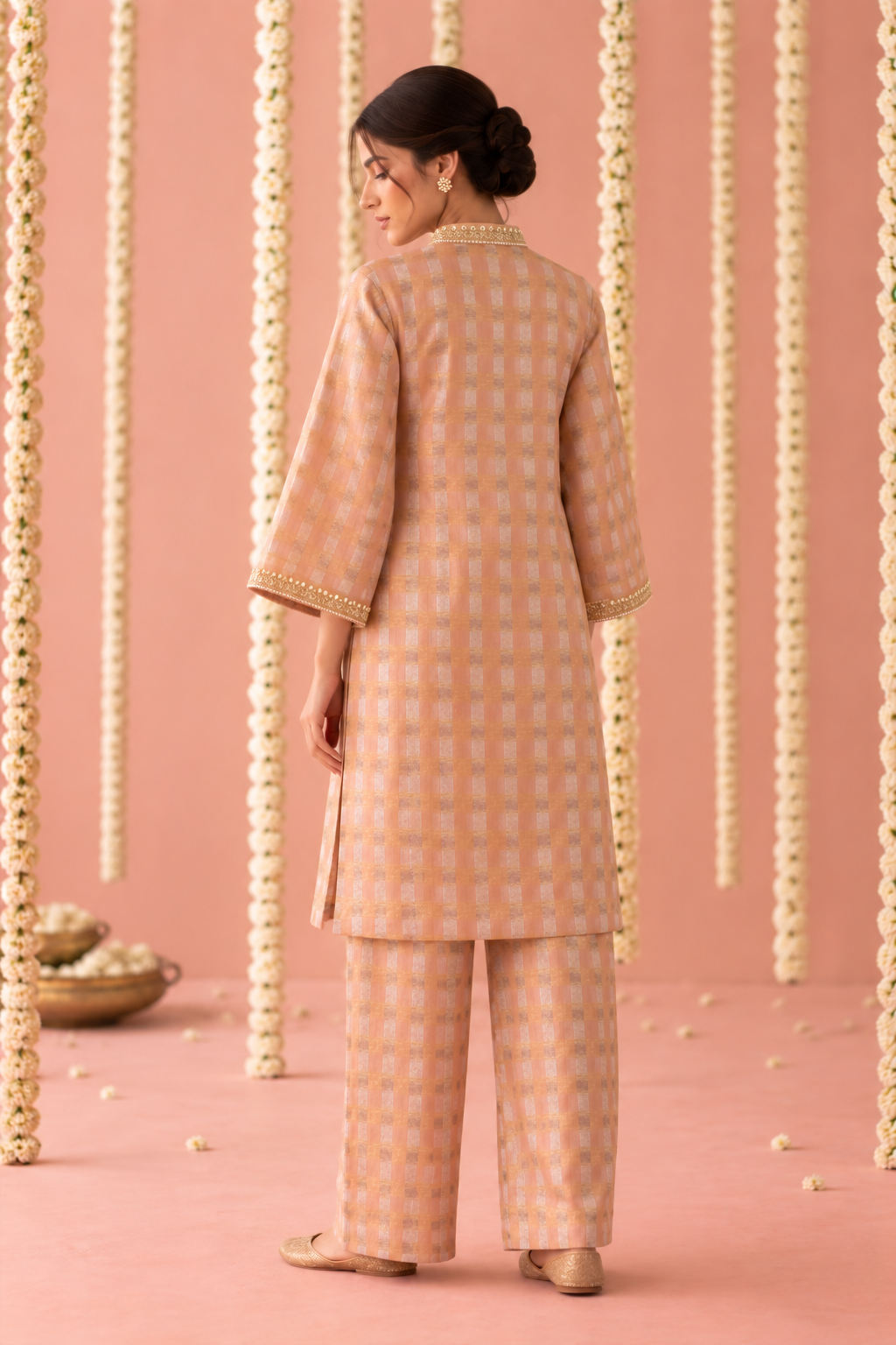Peach Rose Charm Check Tissue Co-ord Set - Set of 2