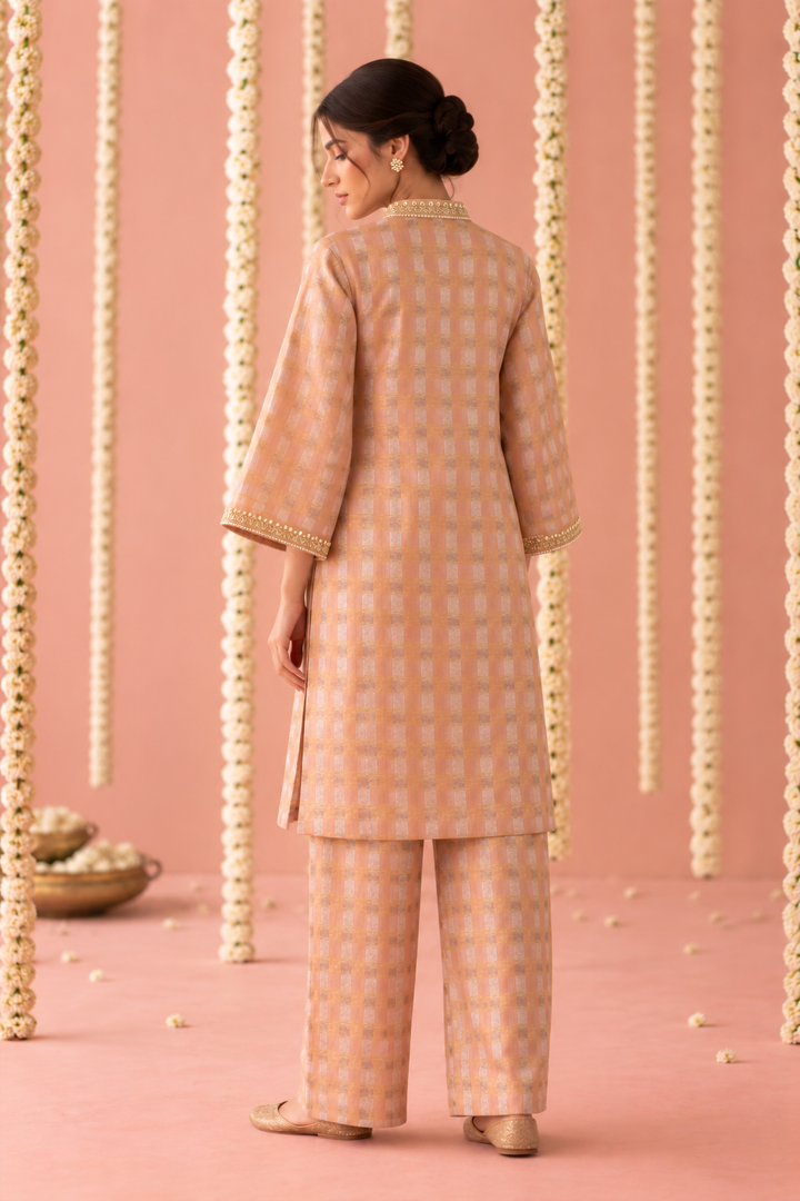 Peach Rose Charm Check Tissue Co-ord Set - Set of 2