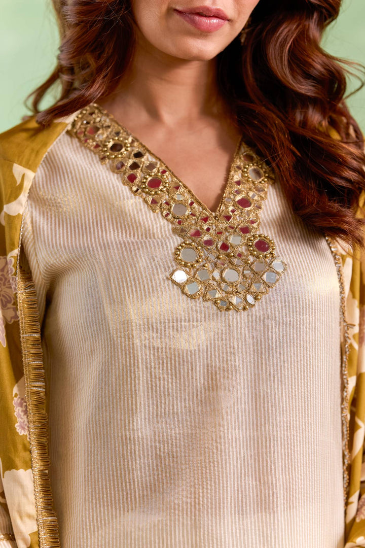 Gold Mirror Embroidered Chanderi Stripe Kurta Set with Floral Chintz Dupatta - Set of 3