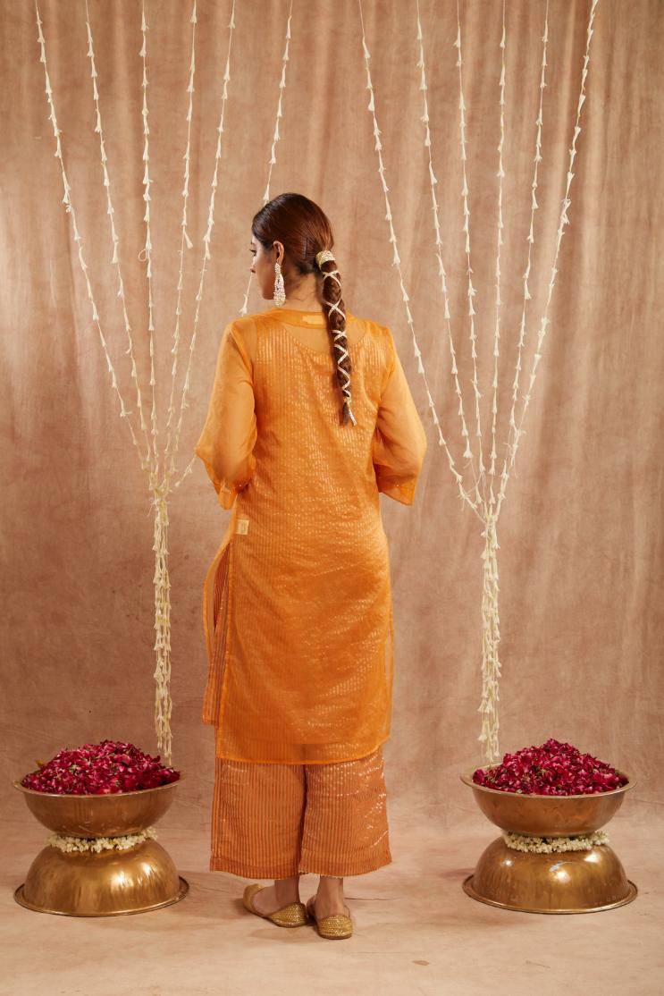 Orange Lily Floral Embroidred Kurta with Flared Pants and Slip - Set of 3