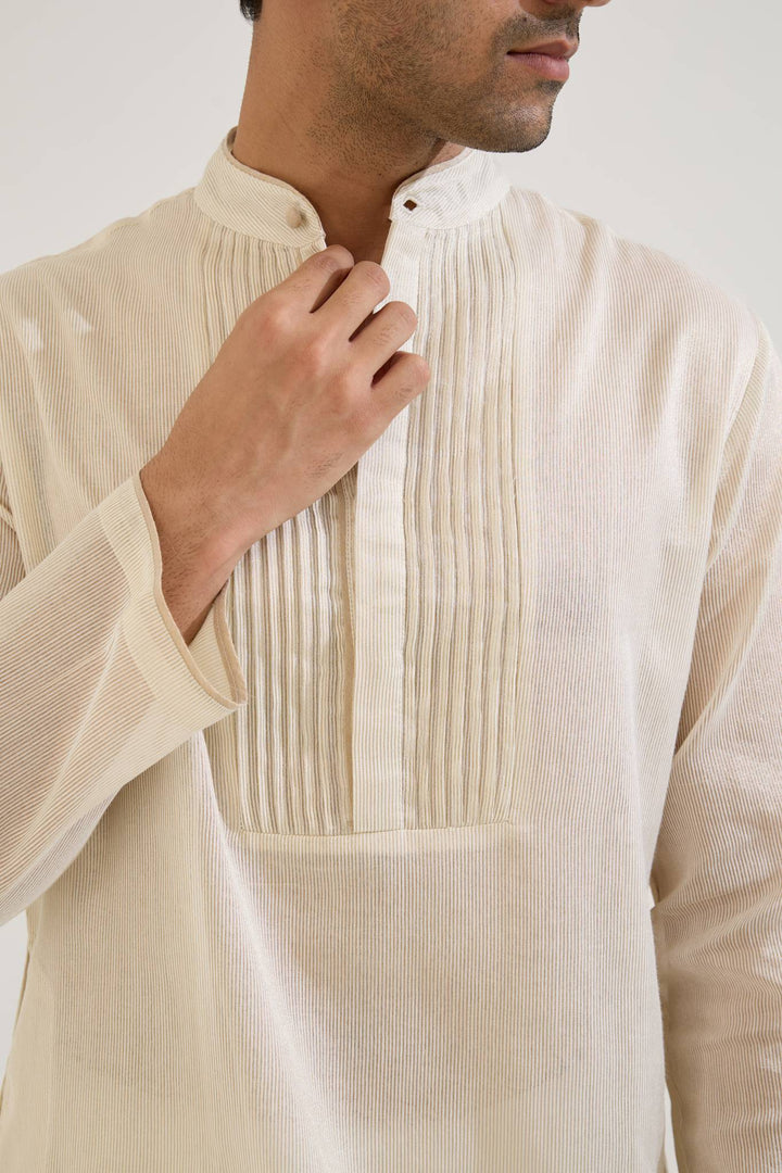 White Pintuck Chanderi Stripe Kurta with Narrow Pants - Set of 2
